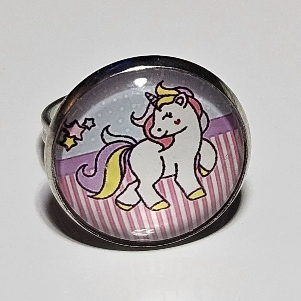Silver Tone Carbochon Pastel Pink Blue Purple Unicorn Adjustable Ring